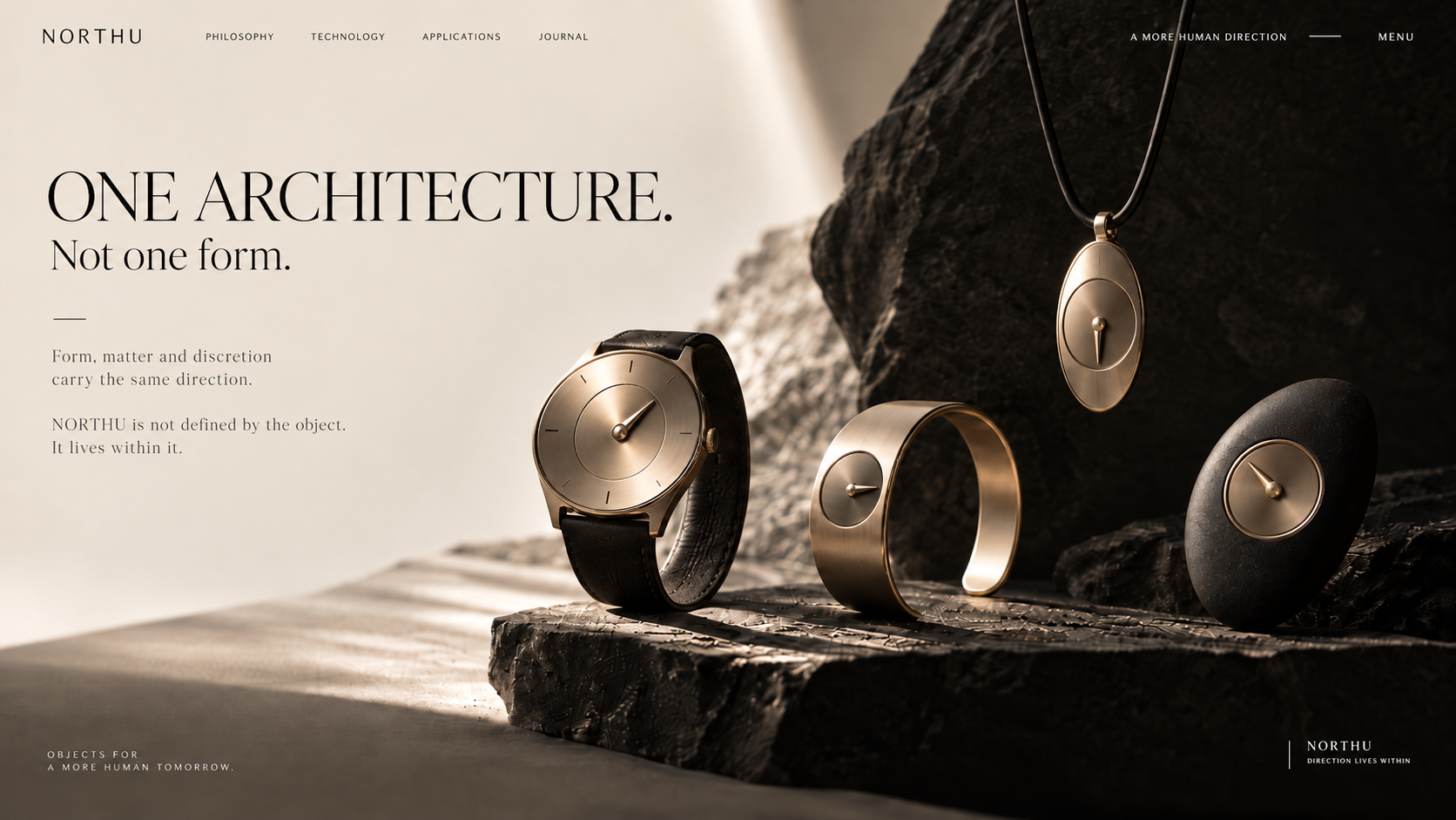 A timepiece, a bracelet, a pendant and a personal object, each carrying a small directional mark.