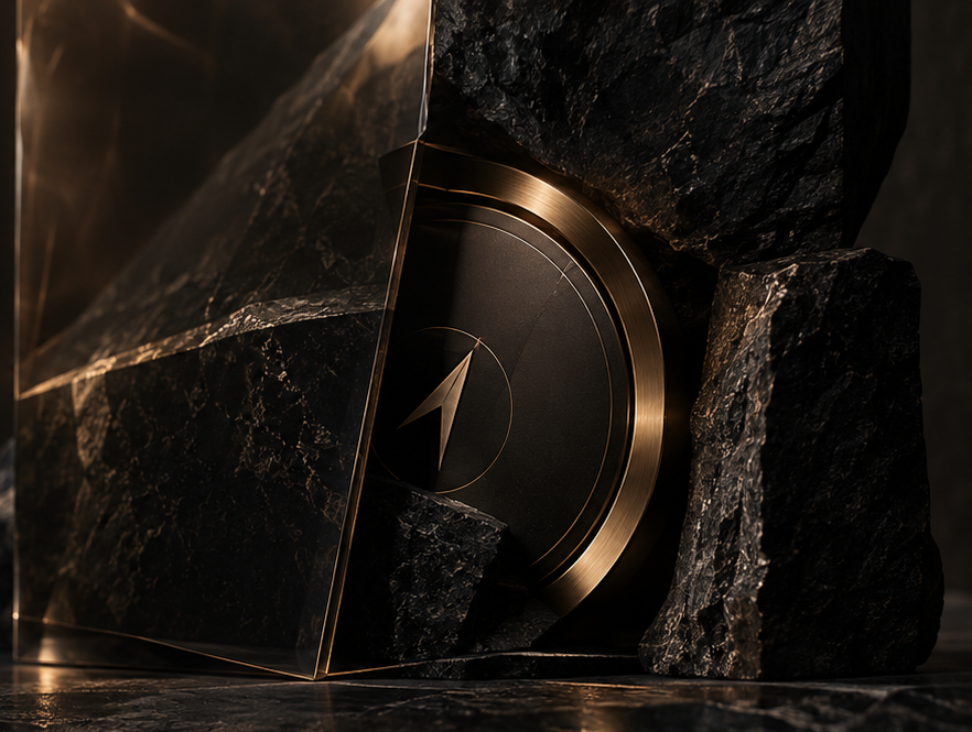 A glass plane and a directional disc set into dark stone.
