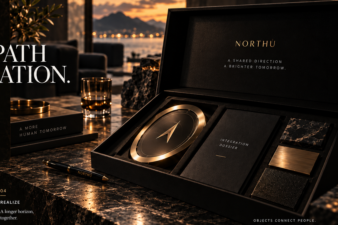 An open NORTHU case on a stone table at dusk, with a directional object, an integration dossier and material samples.